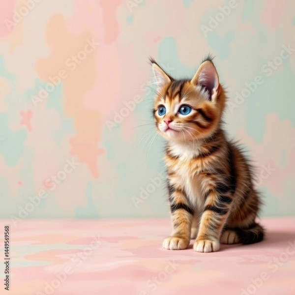 Fototapeta abstract cat wallpaper in pastel colors, soft background with a kitten on the left side, plenty of copy space on the right for text or design elements.