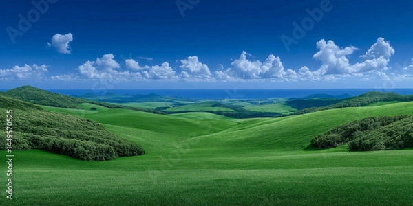 Fototapeta Expansive Meadow Under Blue Sky: A captivating panoramic vista of rolling green hills bathed in the warm light of the sun, with a sprawling meadow stretching towards the horizon.