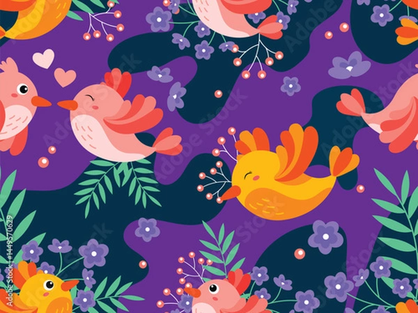 Fototapeta Vector spring bird pattern illustration 