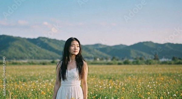 Obraz Peaceful Woman in White Dress Standing in a Meadow with Mountain View