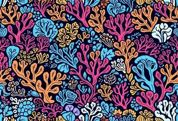Fototapeta Linear doodle seamless pattern of stylized coral and algae, intricate design, underwater, wildlife