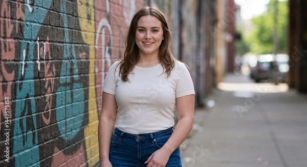 Obraz Smiling Woman in Casual Outfit Walking by Graffiti Wall in the City