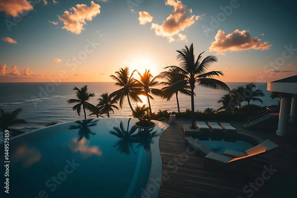 Fototapeta Luxurious Tropical Resort with Infinity Pool and Ocean View at Sunset

