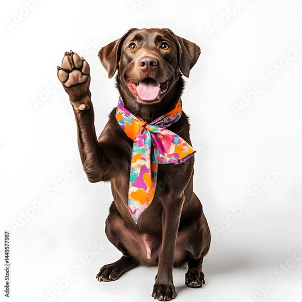 Fototapeta a brown Labrador Retriever, sitting upright with one front paw raised as if waving or asking for a treat, wearing a colorful scarf or bow tie. Bright studio white background