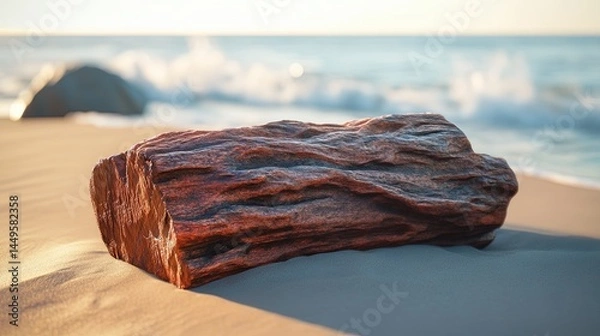 Fototapeta a merbau laut log, showcasing its reddish-brown to dark brown color and coarse, interlocking grain, with visible resin pockets and natural cracks, lying on a sandy beach with ocean waves 