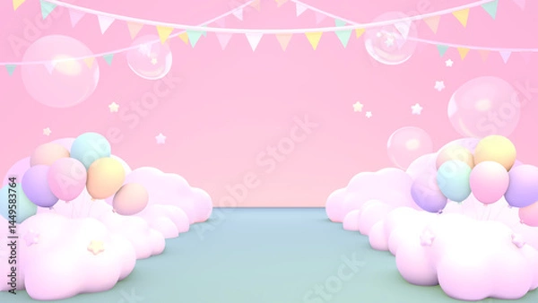 Fototapeta 3D render cartoon balloons party with bunting flags.