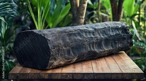 Fototapeta meranti damar hitam log, emphasizing its dark brown to black color and dense, tight grain, with a smooth cross-section and rough bark exterior, placed on a wooden platform in a tropical setting
