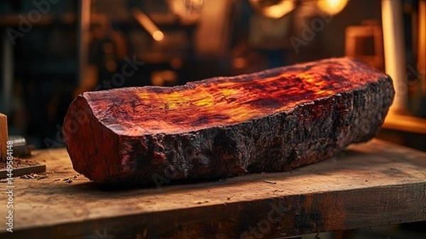 Fototapeta a meranti damar merah log, highlighting its reddish-brown color and interlocking grain, with visible resin streaks and a rough texture, placed on a wooden workbench in a workshop setting