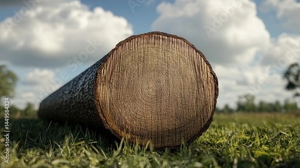 Fototapeta a meranti damar kuning log, showcasing its yellowish-brown color and straight grain, with a smooth cross-section and rough bark exterior, lying on a grassy field under a cloudy sky, natural daylight