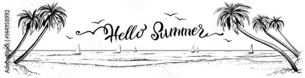 Fototapeta Hello summer, lettering with panoramic beach view. Vector illustration.