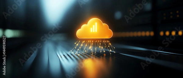 Fototapeta Cloud computing, data storage, highspeed network digital technology, glowing cloud futuristic server room