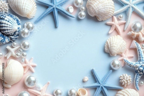 Fototapeta Sea shell and pearl frame