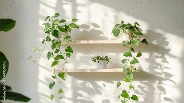 Fototapeta A minimalist floating shelf with hanging pothos plants