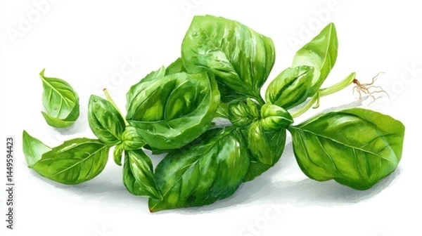 Fototapeta Fresh green basil leaves with roots on white background