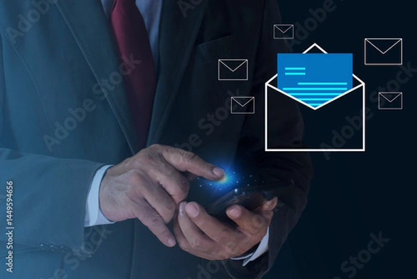 Fototapeta Businessmen using smartphones check New email notifications and business digital online marketing. communication, many e-mail icons