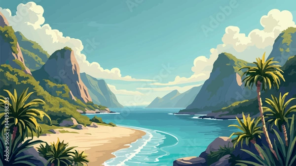 Obraz vector landscape tropical beach among mountain islands archipelago
