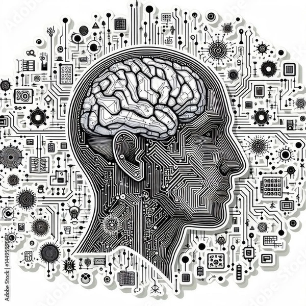 Fototapeta Human Head Silhouette with Circuit Board Brain Illustration with Generative AI.