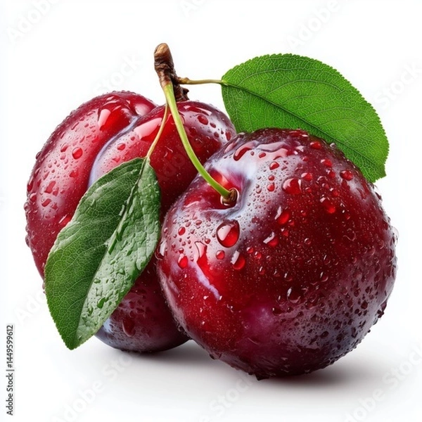 Fototapeta Fresh, ripe plum on a white background, showcasing its smooth skin and juicy, sweet interior.