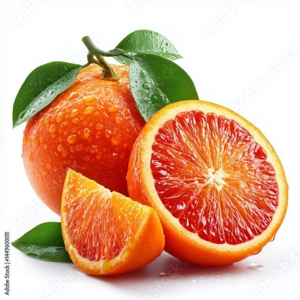 Fototapeta Fresh whole and sliced orange on a pristine white background, displaying its vibrant orange color and juicy texture. 