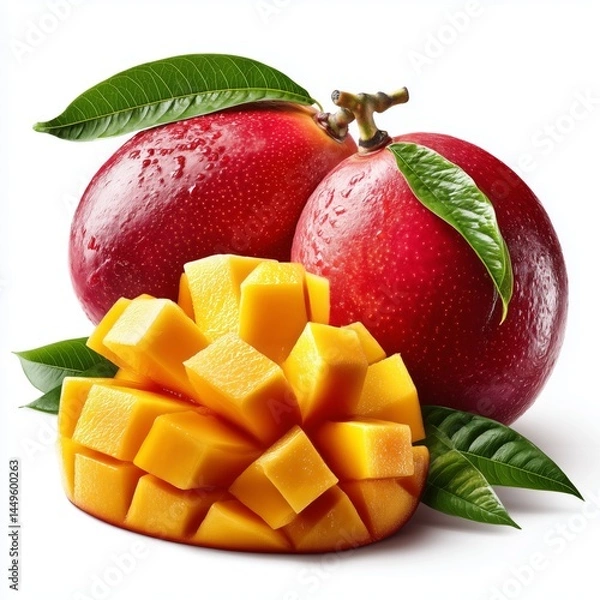 Fototapeta Fresh whole and sliced mango on a pristine white background, showcasing its vibrant orange flesh and smooth texture.