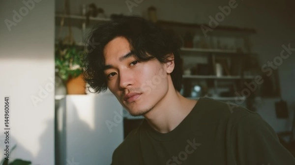 Obraz Young Kazakh male captures a moment of casual reflection in a modern apartment with soft lighting