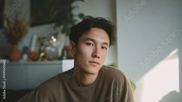 Obraz Young Kazakh man in casual wear captures a moment of reflection in modern apartment with soft natural light