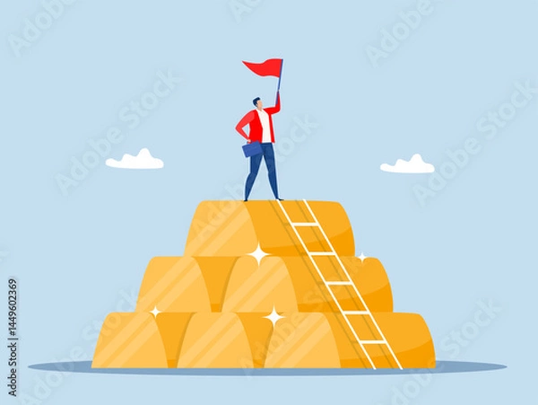 Fototapeta Gold investment concept, businessman success wealth manager, trader or rich investor sitting on stack of gold bar bullion,wealth management and asset allocation concept vector