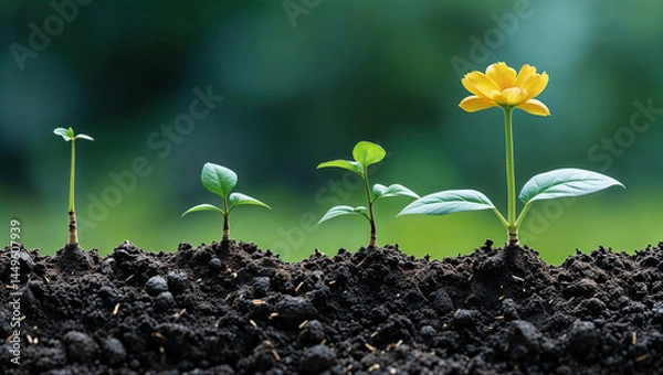 Fototapeta Growing plants and yellow flower showing plant development stages from seedling to maturity