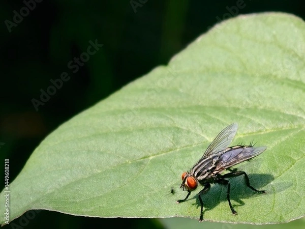 Obraz A housefly resting on a vibrant green papaya leaf, captured in a crisp macro shot that emphasizes the insect’s fine anatomy and vivid natural setting.
