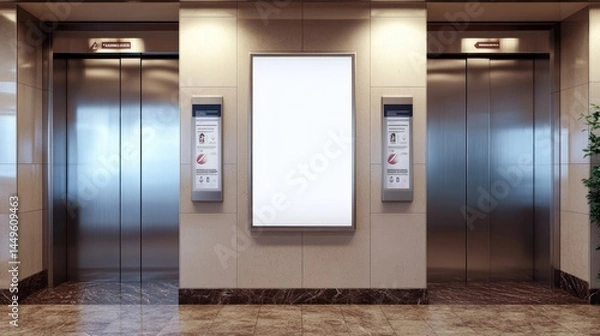 Fototapeta Modern elevator lobby interior with blank advertising panel.