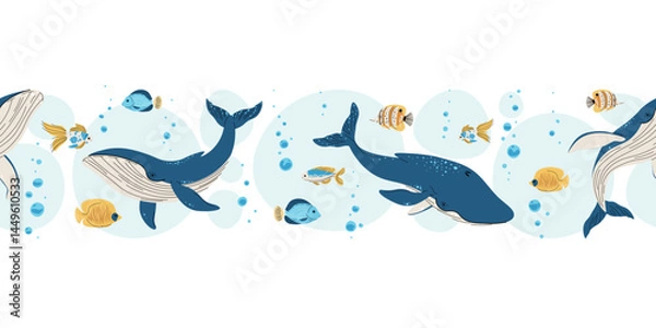 Obraz Seamless Horizontal Border with whales, tropical fish and Bubbles. Underwater Ocean Pattern for Scrapbooking, Website Headers and Print Design. Repeatable Vector Illustration