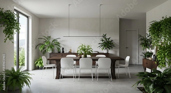 Obraz Modern Minimalist Dining Room Design with Lush Greenery
