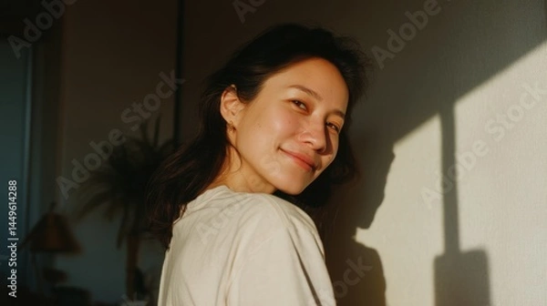 Obraz Capturing a moment of tranquility in a modern apartment with a young Kazakh woman in relaxed casual wear