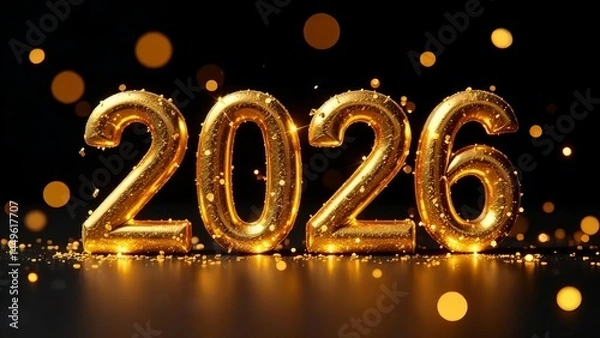 Fototapeta 2026 text in gold letters with sequins and bokeh on a dark background, New Year's screensaver