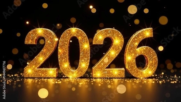 Fototapeta 2026 text in gold letters with sequins and bokeh on a dark background, New Year's screensaver