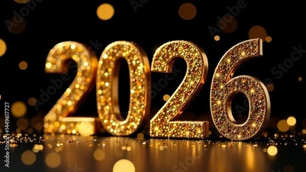 Fototapeta 2026 text in gold letters with sequins and bokeh on a dark background, New Year's screensaver
