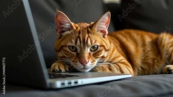 Fototapeta A red-haired cat is lying next to a laptop