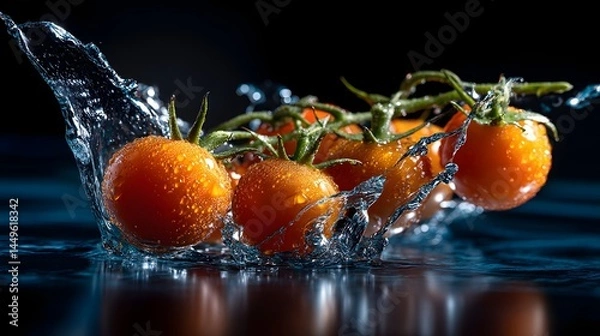 Fototapeta Fresh juicy tomatoes splashed into crystal clear water creating a dynamic and vibrant scene