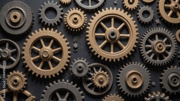 Obraz Gears and Cogs: Steampunk Mechanics, Macro Close-up of Metal Cogwheels on Black Background