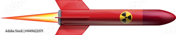 Fototapeta Red atomic bomb and weapon rocket isolated on a white background. Red nuclear weapon with fire from the nozzle and radiation icon, vector illustration.