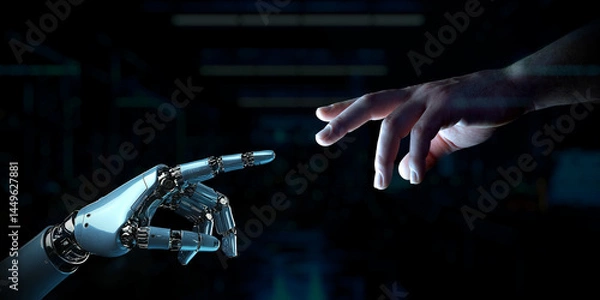Obraz Robot finger about to touch human finger on dark background. Man hand going closer to cyborg hand. Generative ai robot hand