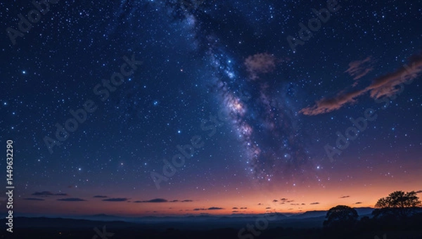 Obraz 山の向こうに見える星空と天の川、夜景