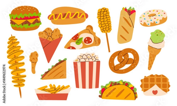 Fototapeta Fast food set. French fries, hamburger, hot dog, popcorn, shawarma, chips, pizza, donut etc. Vector illustration of takeaway street food. Hand drawn illustration flat doodle style for menu ,banner