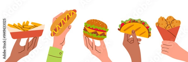 Fototapeta Hands holding fast food items on white background. Vector illustration hand drawn flat street food illustration for banner , menu or poster card food design .