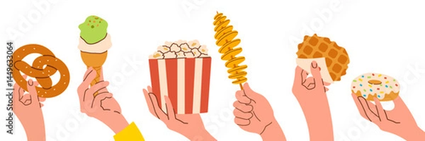 Fototapeta Hands holding fast food items on white background. Vector illustration hand drawn flat street food illustration for banner , menu or poster card food design .