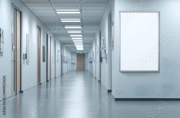 Fototapeta Mockup poster on wall in hospital corridor. Empty white A4 paper for text, ad, presentation, advertising, marketing. Medical center clinic interior. No people, blur background.