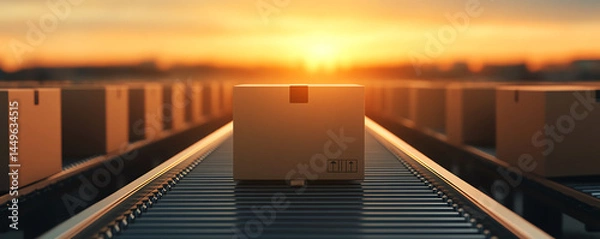 Fototapeta Boxes conveyor belt warehouse shipping logistics sunset cardboard delivery industrial automated supply chain packaging distribution storage