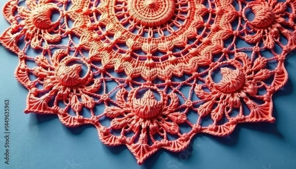 Fototapeta Geometric lace doily, showing repeating design elements, tablecloth, crochet, decoration