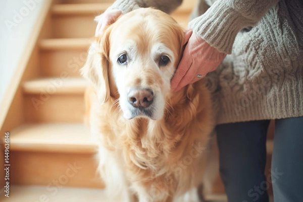 Fototapeta A gentle golden retriever sitting on outdoor steps, lovingly held by its owner. Warm tones, soft focus, and expressive eyes create a heartfelt moment of companionship and affection.