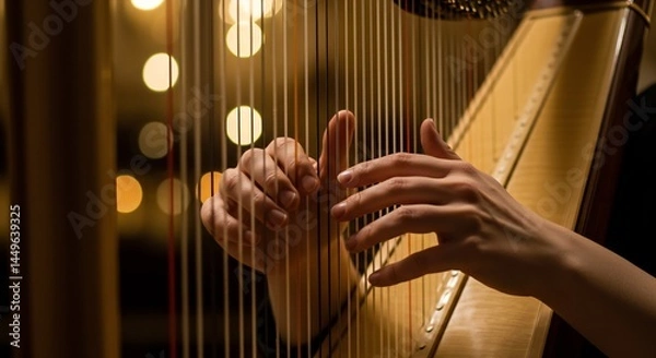 Obraz Close-up of a Harpist's Hands Playing a Concert Harp in a Warmly Lit Room
